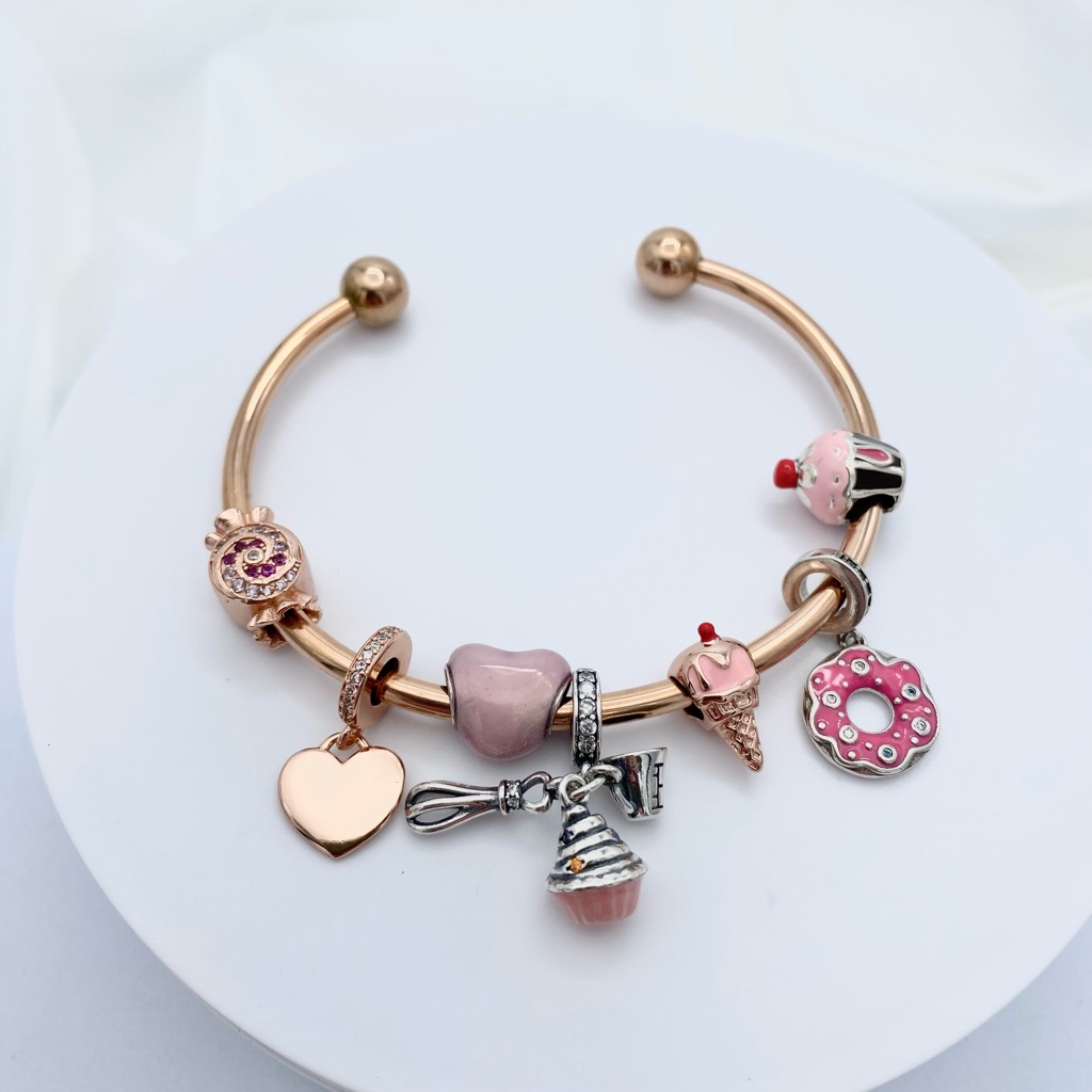 Linx Rose Gold Stainless Steel Open Bangle With Sweets Themed Charms